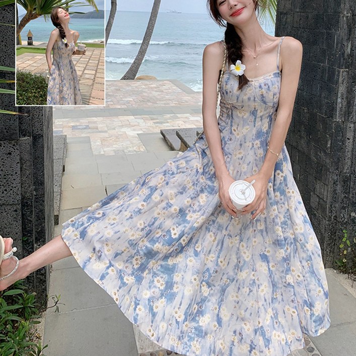 홍언목요 여성원피스 블루 유화 플라워 나시 원피스 휴양지룩 바캉스 비치웨어 롱 원피스