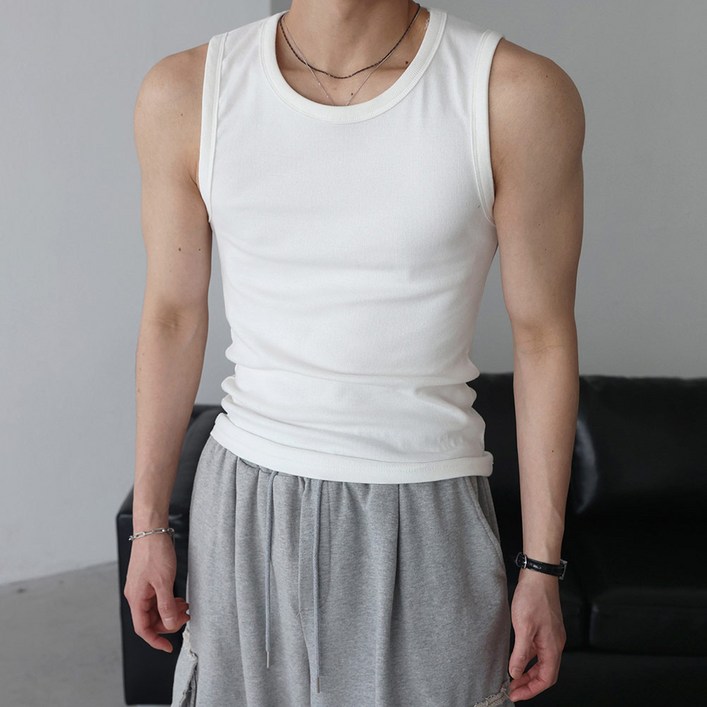 베이직바이블 남자 골지 나시 민소매 고탄력 스판 머슬핏 짐웨어 탄탄한 티셔츠