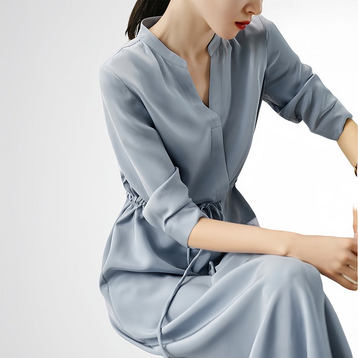 예니브 여성용 봄가을 헨리넥 셔츠 7부소매 미니 원피스