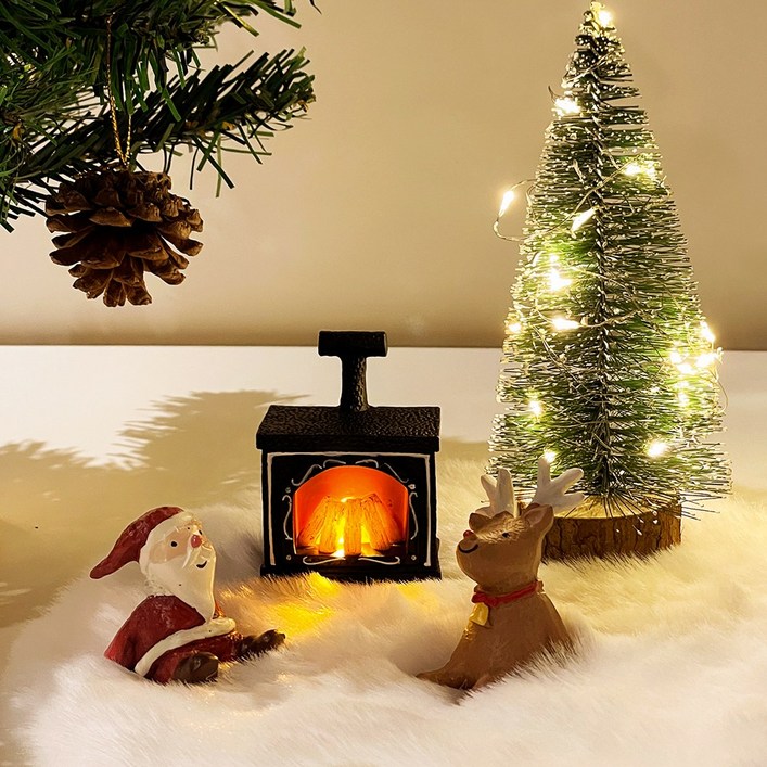 크리스마스 인테리어 장식 소품 미니 무드등트리도자기 인형러그LED 전구 미니어처 선물 세트, 벽난로