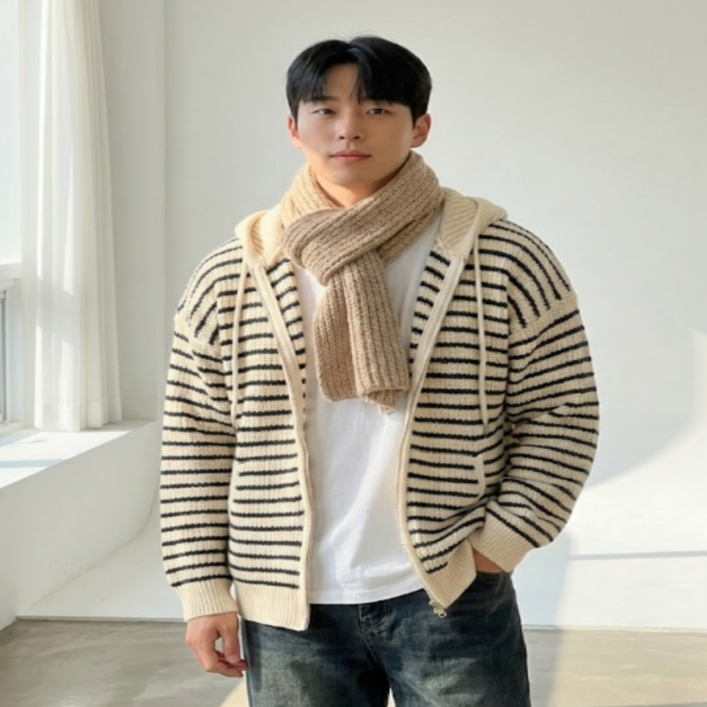 하루엠 니트 오버핏 후드집업 스트라이프 가디건