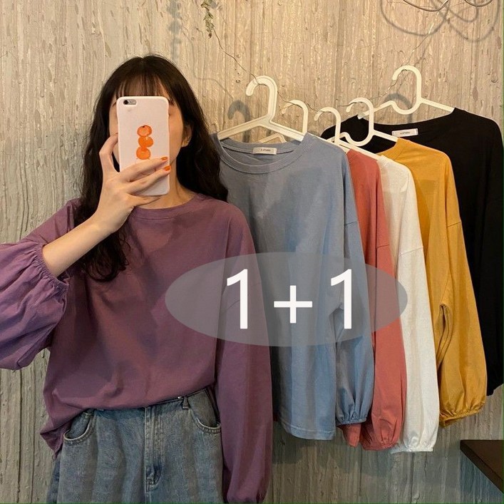 여성 순색 라운드넥 긴팔티셔츠 얇은 패션 등롱 소매 오버핏 빅사이즈 여자 데일리복
