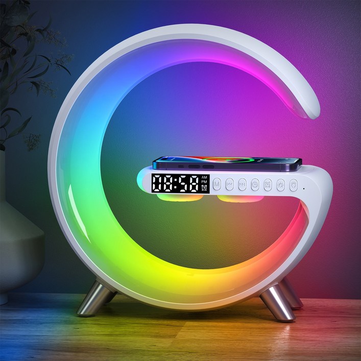 Meyuge 고속 무선충전 무드등 감성 스마트 led 시계조명 블루투스스피커, 흰색