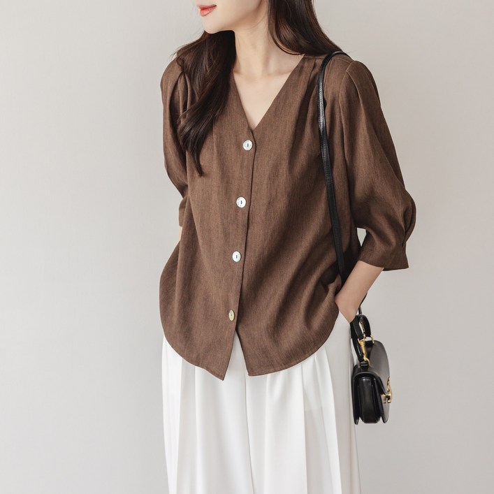 핀턱 퍼프 린넨 7부 블라우스