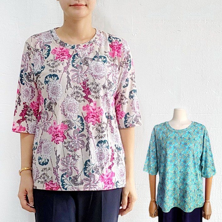 허니마마 시원한 예쁨 라운드 7부 할머니옷 티셔츠 봄 여름 시원한 노인 상의 요양원 선물