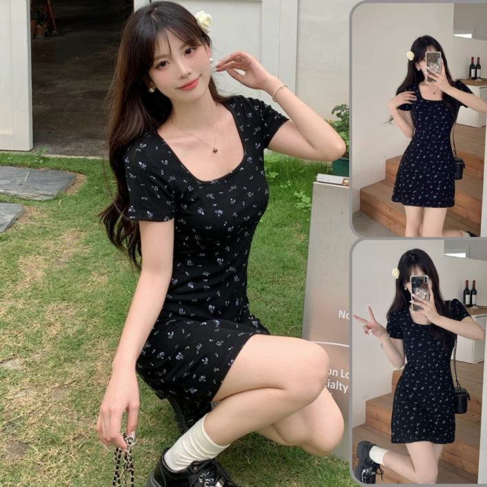 여성 플라워 스퀘어넥 슬림핏 롱원피스, 여름 하객룩 데일리룩 추천