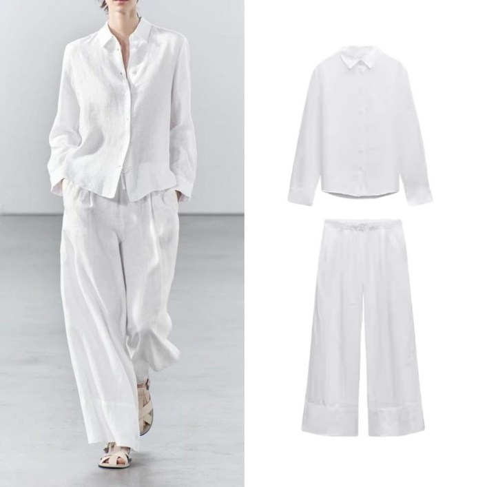 13Y6074 ZARA 여자신상 린넨 긴팔셔츠 캐주얼 와이드핏팬츠 4877101 4877078