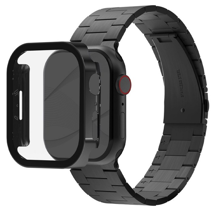 아이메이드잇 애플워치 호환 로이스 메탈 스트랩  풀커버 보호 일체형 케이스, 블랙