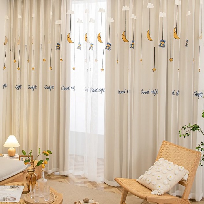 HAROO 아일렛형 거실 이중레이스 자수 안방 아이방 커튼 2P