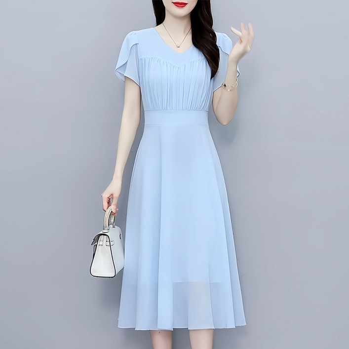 Makone 여성 브이넥 셔링 포인트 허리조임 a라인 패션 엘레강스 데일리 쉬폰 미디 원피스 데이트 하객룩