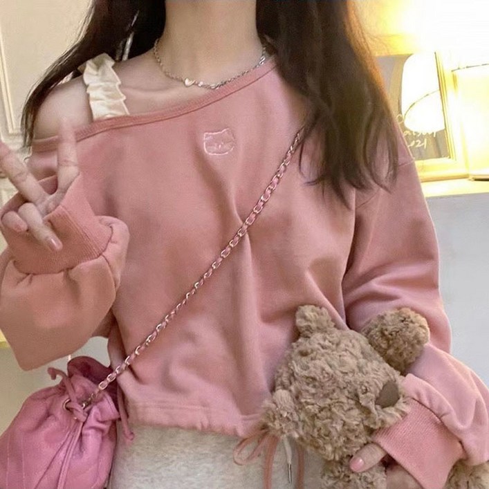 여성 봄 가을 귀여운 배색 오프숄더 상의 학생 루즈핏 맨투맨 데일리 긴팔 여성티셔츠 D99U 여성 봄 가을 귀여운 배색 오프숄더 상의 학생 루즈핏 맨투맨 데일리 긴팔 여성티셔츠 D99U