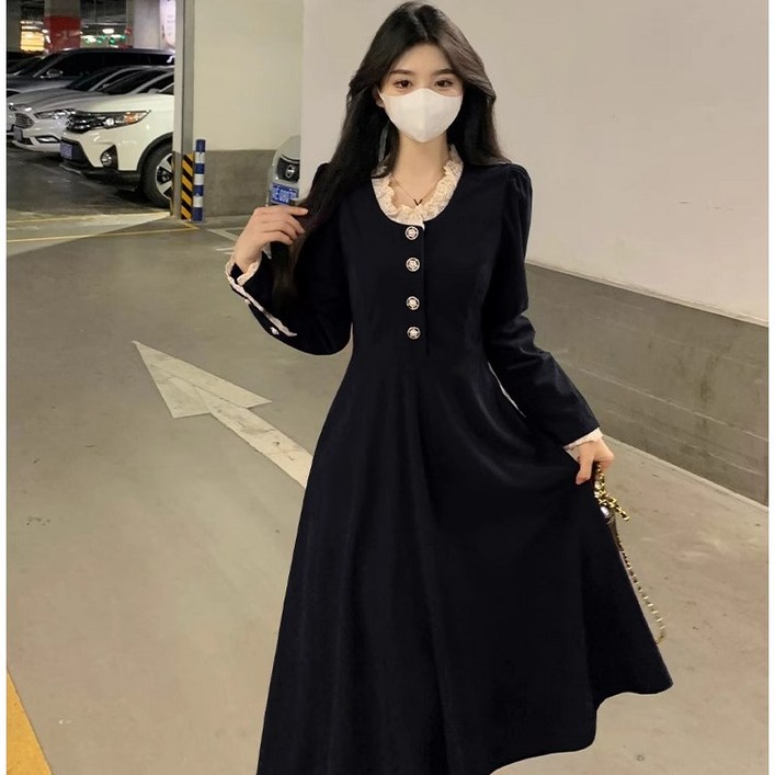 ANYOU 원피스 간략하다 블랙 가을 원피스 빅사이즈 롱원피스 ANYOU 원피스 간략하다 블랙 가을 원피스 빅사이즈 롱원피스