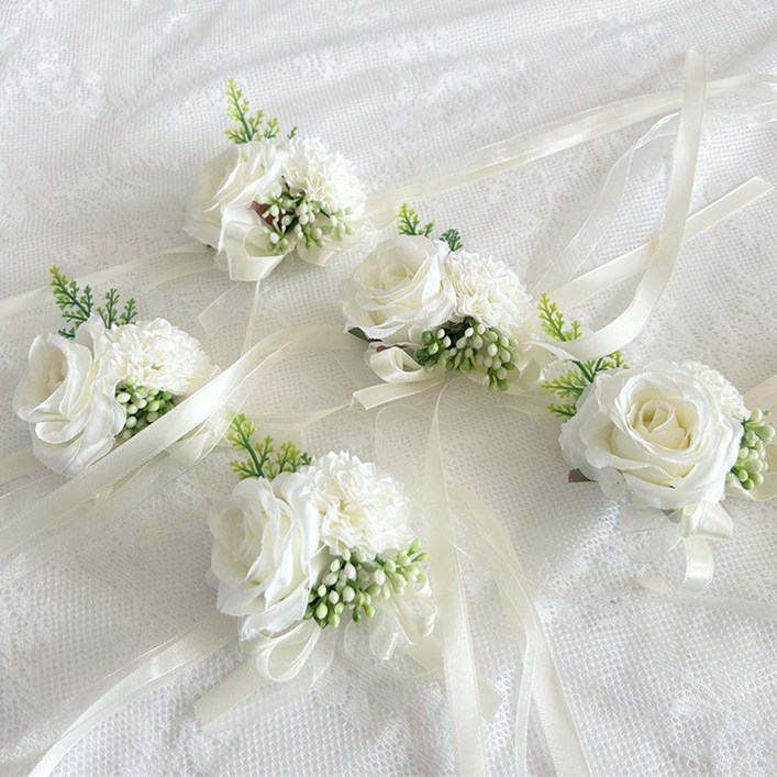 브라이덜샤워 꽃팔찌 장미 셀프웨딩 파티용품 조화, 4개, 화이트