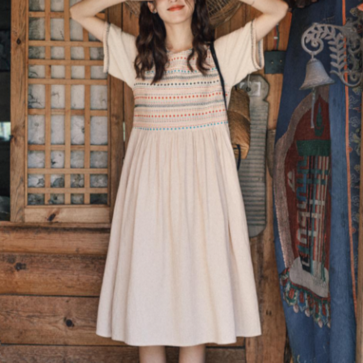 에스닉 자수 린넨 루즈핏 롱 원피스