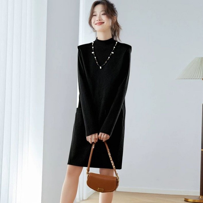 휠렉스 여성 겨울 반목 니트 미디 원피스 H라인 포켓 데일리 오피스룩 YD16