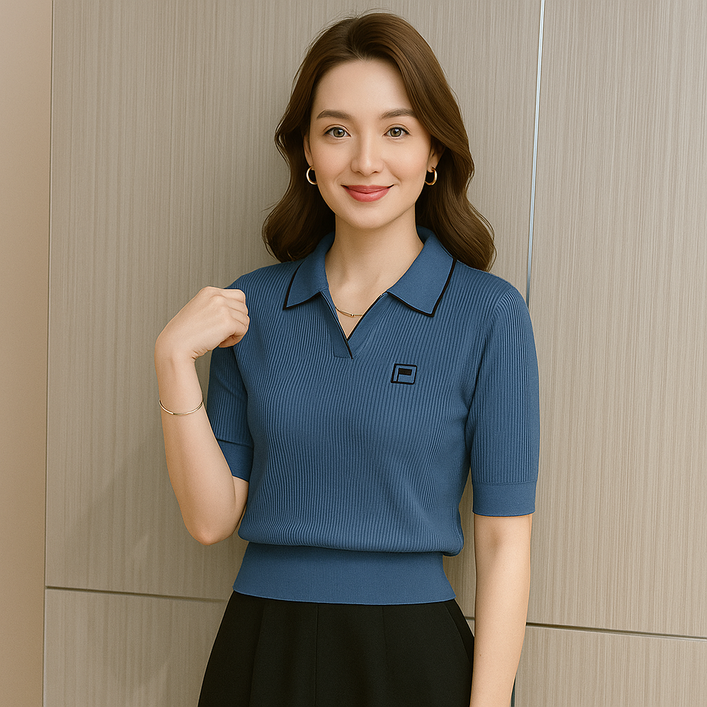 고급핏 페미닌 배색 카라 반팔 니트티
