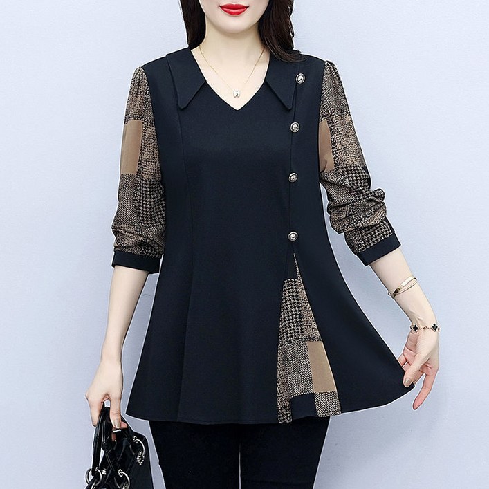 중년 여성 쉬폰 블라우스 봄가을 캐주얼 빅사이즈 긴팔 셔츠 엄마 루즈핏 슬림핏 남방 상의 SJS