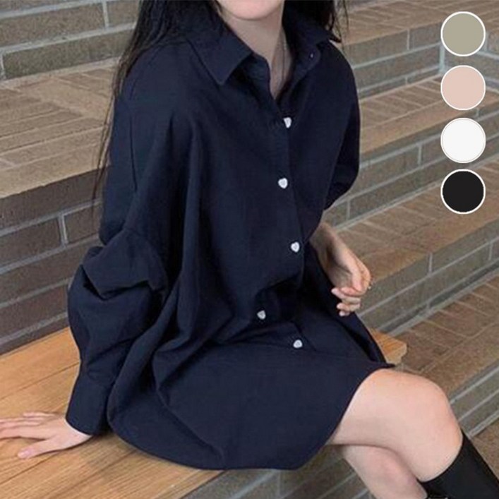 VERIT 오버핏 레귤러카라 하트버튼 루즈 롱 셔츠 VT193