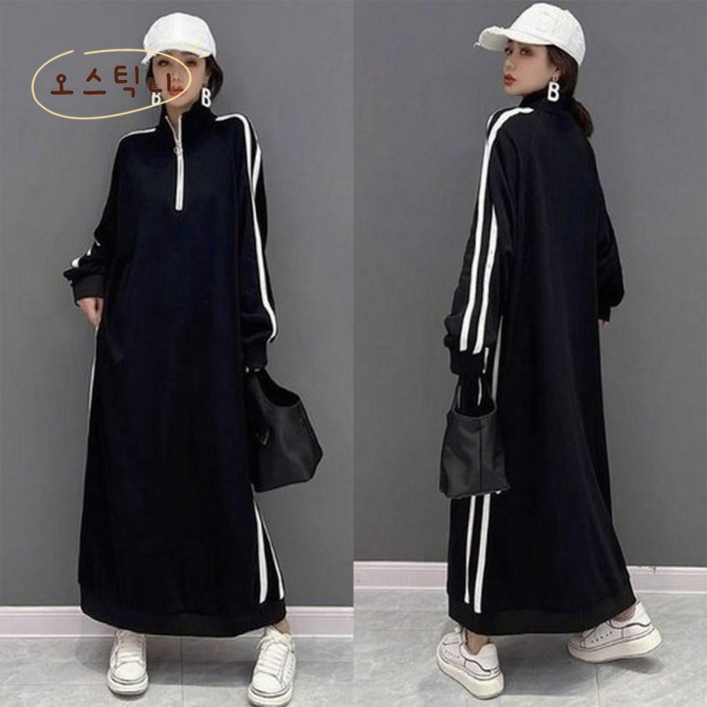 오스틱니 150kg까지 날씬해보이는 원피스 여성 가을 스트라이프 반집업 칼라 제인드 맨투맨 오버핏 이너 긴팔 캐주얼 패션 데일리 클래식배색 빅사이즈 오버사이즈 롱 원피스