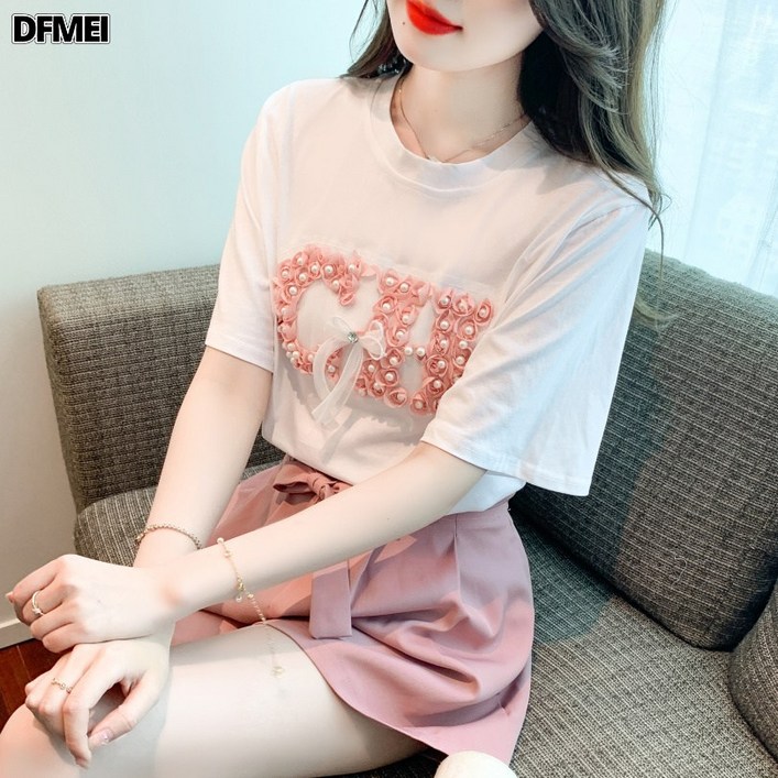 DFMEI 라운드 순수 맨투맨 티셔츠 진주 플라워 리본 양기 반팔 상의