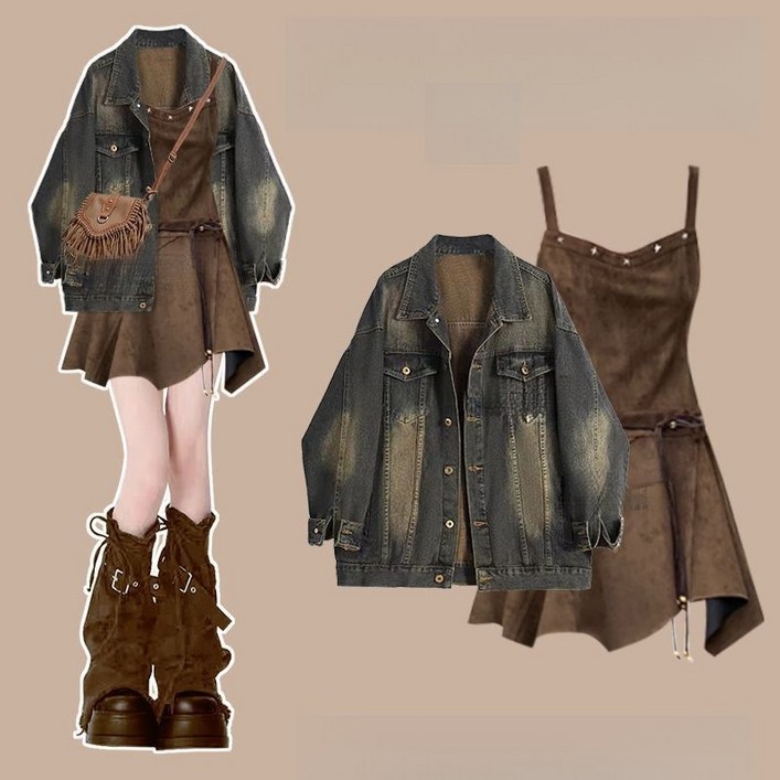 해피유통 봄가을 원피스 세트 여성 빈티지 데님 코트+나시 원피스 투피스 BJJ001