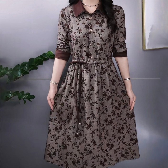 AOKADA 중년 여성 루즈핏 카라넥 플라워 프린팅 오피스룩 하객룩 긴팔 A라인 원피스