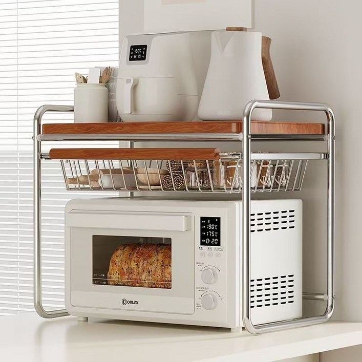 CUBBYCASE 주방 다층 조립식 수납 선반 오븐 전자레인지 수납대 조미료 서랍형 정리대 탄소강 구조 다용도 주방 용품 정리 선반, 2단, 갈색