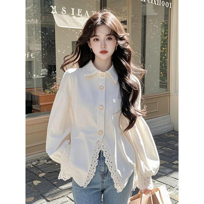 COSYEVNO 여성 블라우스 솔리드 봄가을 레이스 접합 루즈핏 상의