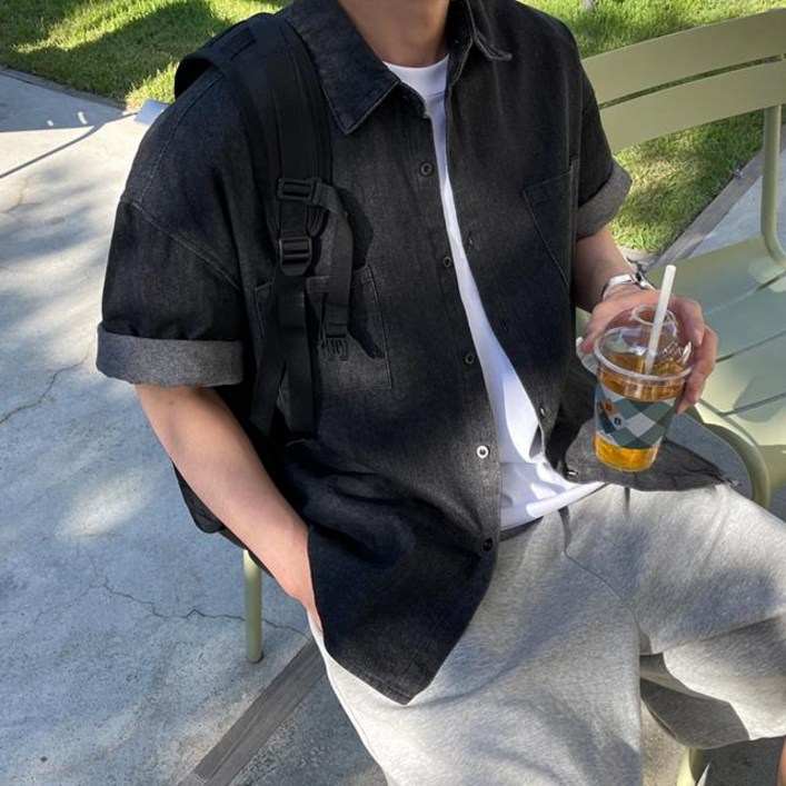 당일출고 남성 오버핏 여름 반팔 린넨 청남방 반팔 청자켓 반팔 데님 셔츠