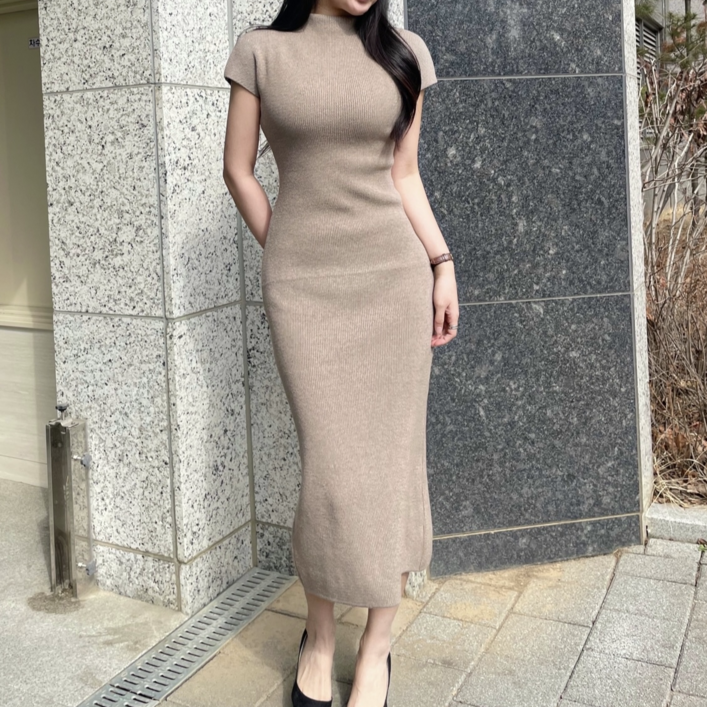 니트원피스 골지 롱원피스 반목 하프넥 캡소매 오피스룩하객룩격식룩