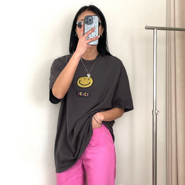 스마일 프린팅 워싱 면 루즈핏 반팔티셔츠