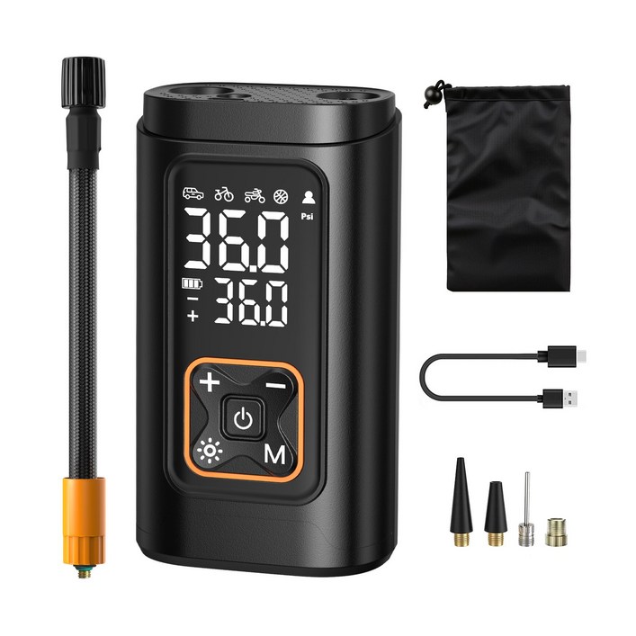 ACMEZING 무선 전동 에어펌프 휴대용 공기 주입기 6000mAh 다용도 자동차 자전거 타이어 공기펌프 노즐 포함 C21, 1개, 블랙