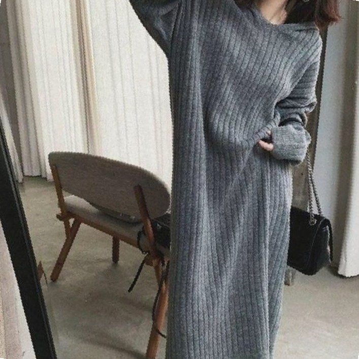 골지 후드 원피스 여성 캐주얼 데일리 겨울 포근 편안함 골지 후드 원피스 여성 캐주얼 데일리 겨울 포근 편안함