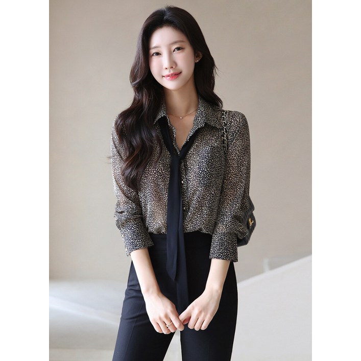 스타일온미 스타일온미  슈렌 미니 호피 타이SET 우아한 루즈핏 카라 블라우스