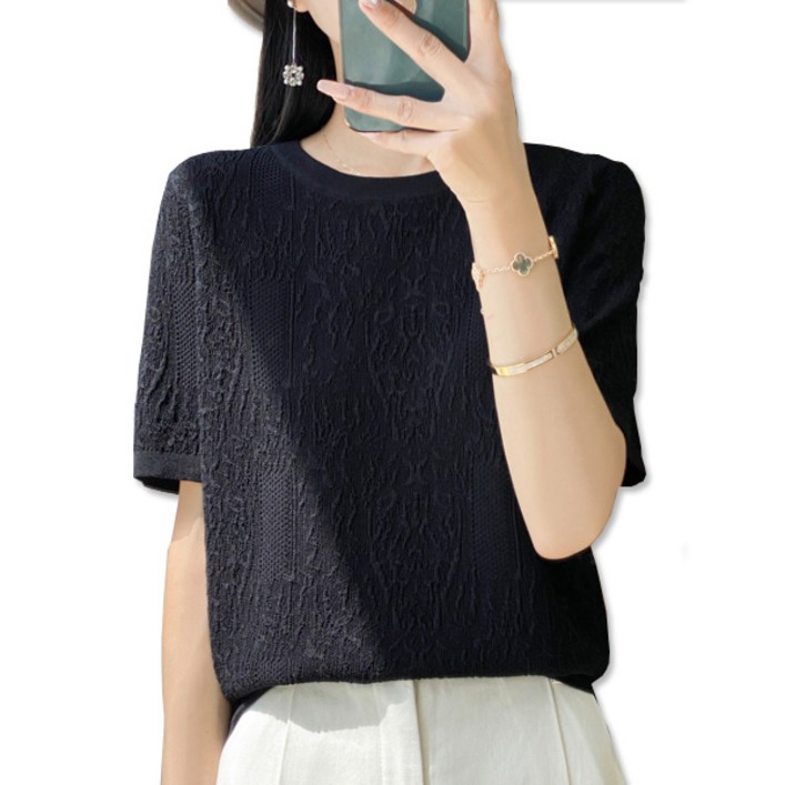 지아머트리 패턴 라운드넥 쿨링 니트티 여성 SS 여름시즌 시원한 스웨터 데일리 아이템