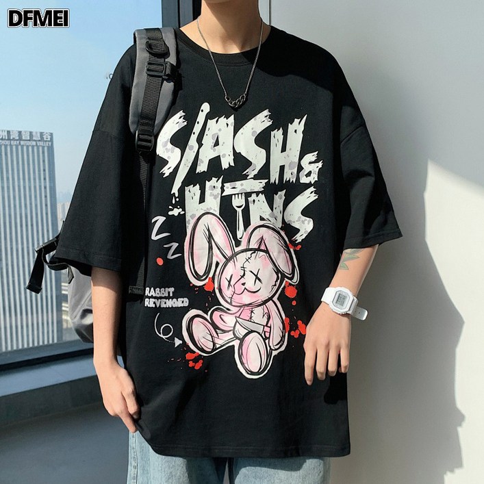 DFMEI 반팔 티셔츠 남자 반팔 라운드 프린트 티셔츠