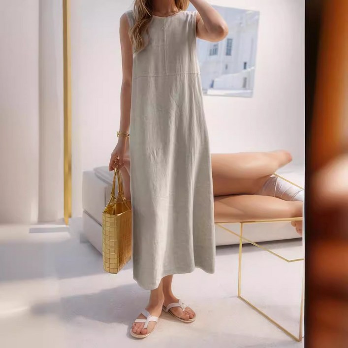 ANYOU 여름옷 신상 심플 루즈핏 민소매 나시 롱스커트 스타일 면 린넨 무릎까지 오는 원피스 여