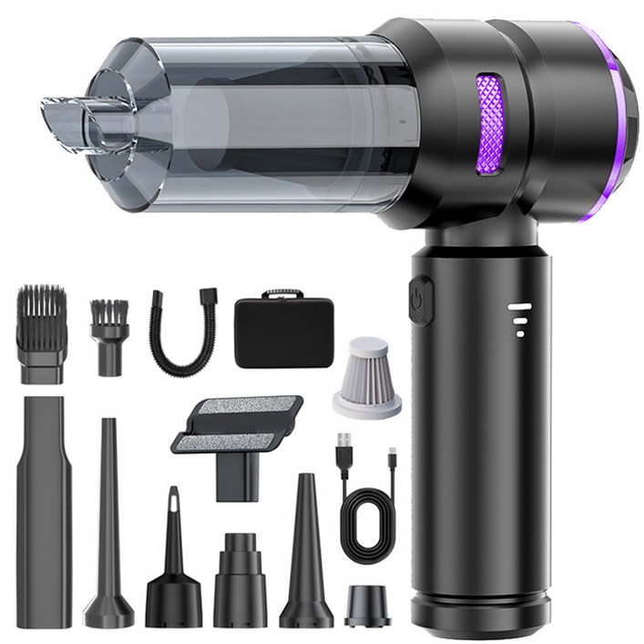 최신형 Voltmate 휴대용 무선 에어건 청소기 차량 가정 야외 흡취일체형 다기능 청소기 LED 전량 표시 BLDC 브러시리스 16000Pa Type-C 포트 진공 포장, 블랙