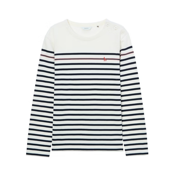 헤지스 여성용 버튼장식 스트라이프 긴팔 티셔츠