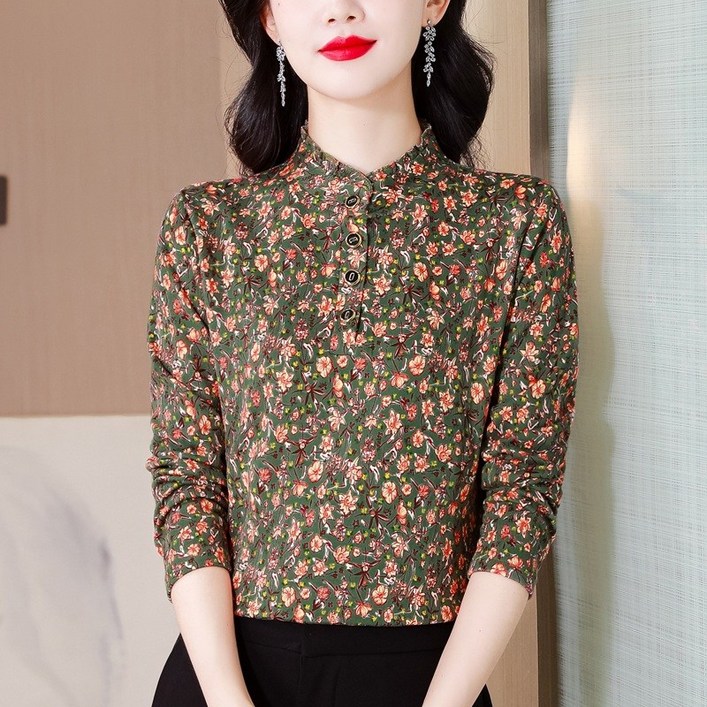 르비에 어반 중년 여성 긴팔 꽃무늬 티셔츠 봄 가을 기질 엄마 긴팔 블라우스