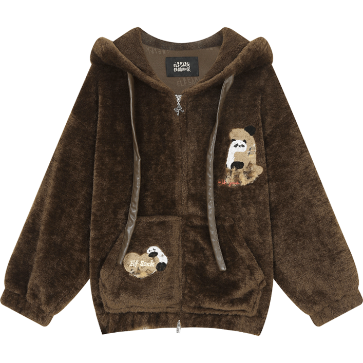 ELFSACK 브라운 퍼 후드 자켓 여성 겨울 따뜻한 오버핏 팬더 자수 후드티 캐주얼 데일리 자켓