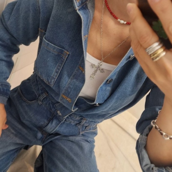 워싱 와이드 데님 점프수트 여성용 캐주얼 데일리룩