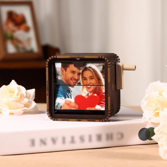 주문제작 사진 선물  커스텀 포토 플립북 박스 조명 우드 포토 앨범, 회전식 포토박스, 기념일 원목 애니메이션 포토북