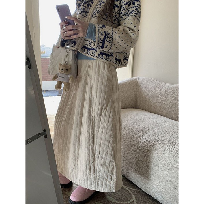 COSYEVNO 여성 패딩 스커트 겨울 빅 사이즈 루즈핏 스타일리쉬한 스트라이프 보온 데일리 롱 스커트 CXJbsmq08