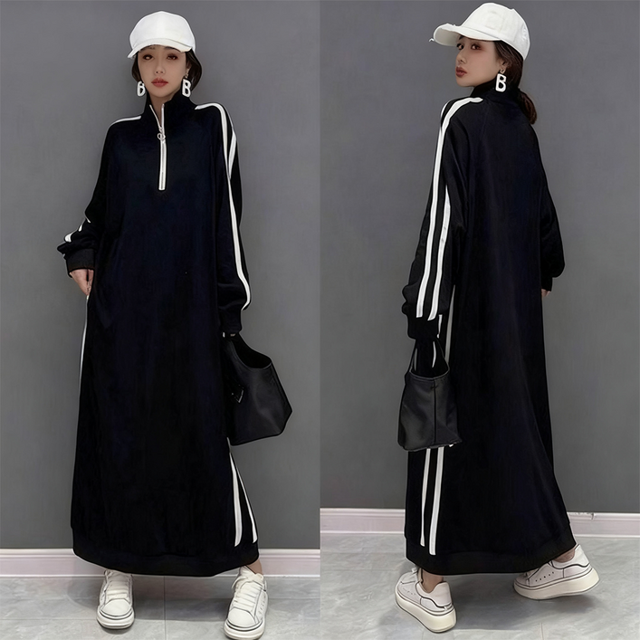 오스틱니 [150kg까지 날씬해보이는] 원피스 여성 가을 스트라이프 반집업 칼라 제인드 맨투맨 오버핏 이너 긴팔 캐주얼 패션 데일리 클래식배색 빅사이즈 오버사이즈 롱 원피스