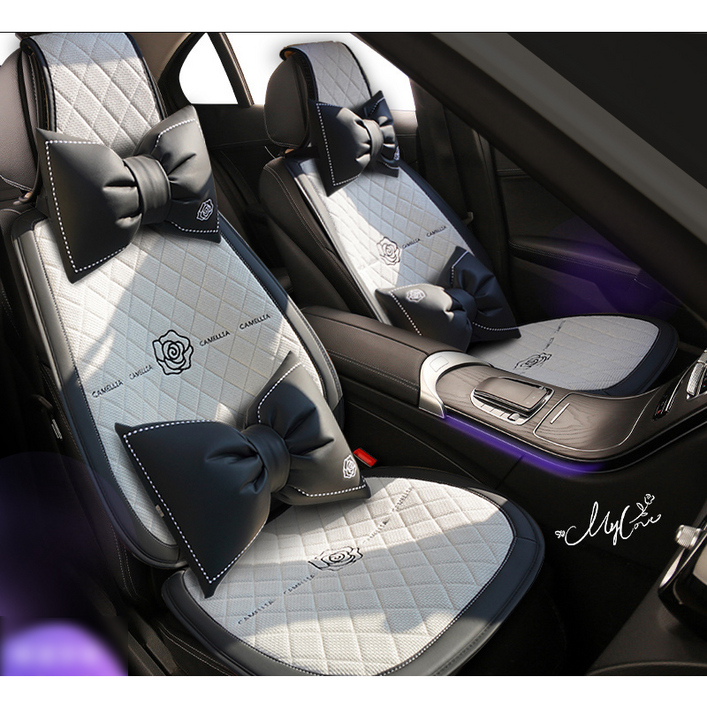 파파무니 자동차 린넨 사계절용 통풍 리본 시트커버 쿠션 방석 세트, 화이트 앞좌석 1세트, 1개