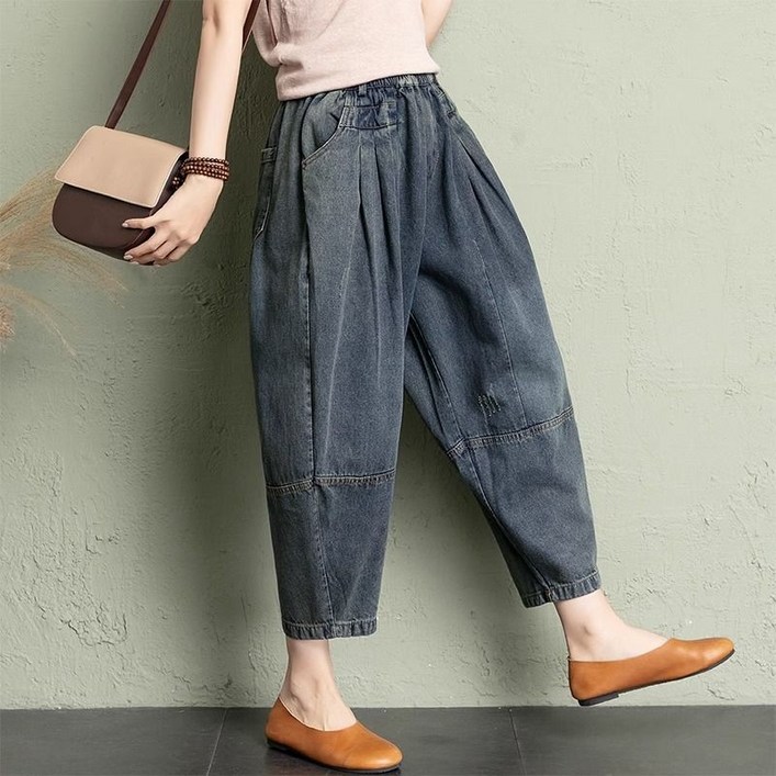 Gradle 여성 배기청바지 빅사이즈 밴딩 데님 팬츠 항아리 밴딩  청 바지 여자 와이드청바지데님 루즈핏 배기팬츠 스판 오버핏바지