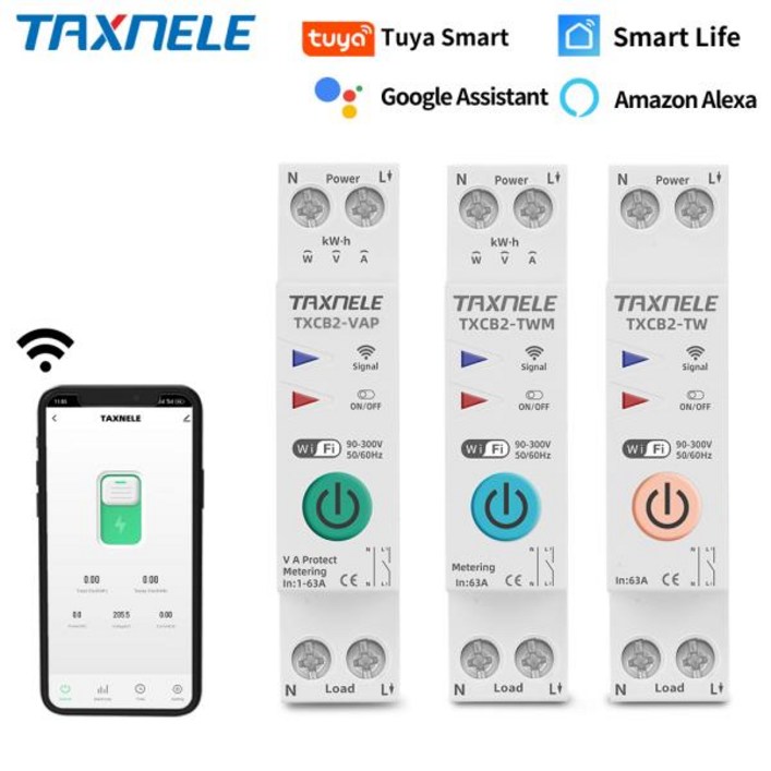 TUYA 와이파이 스마트 회로 차단기, 전력 측정 에너지 계량기 KWh, 1P 63A, 라이프, 원격 스위치 타이머, 전압 전류 보호