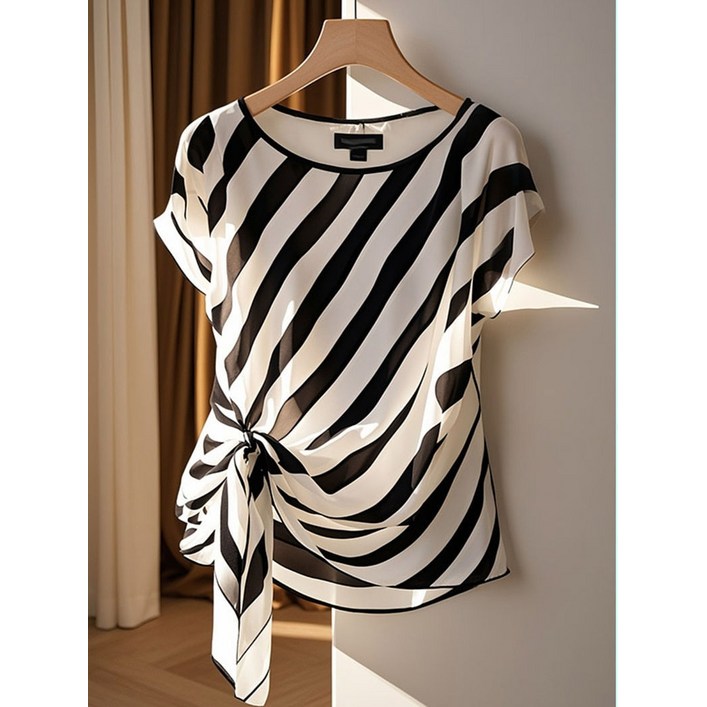 VBFGRT 여성 흑백 스트라이프 반팔 상의 여름 루즈핏 쉬폰 블라우스
