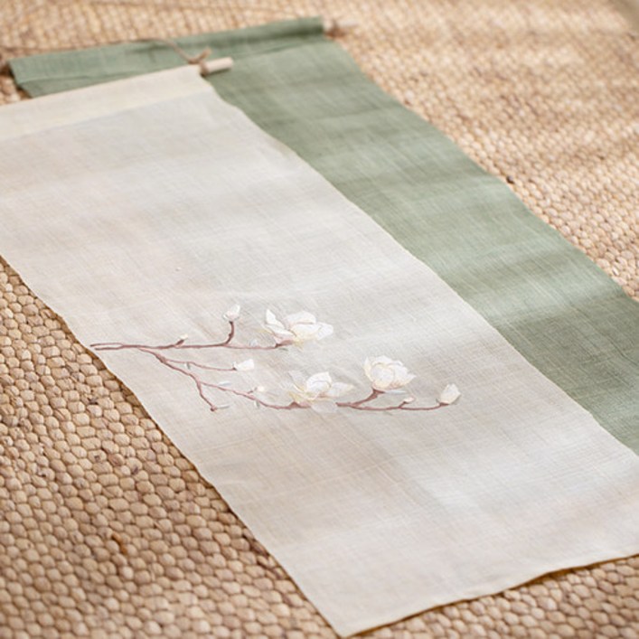 모시 가리개 2P 세트 90cm꽃자수다크그린